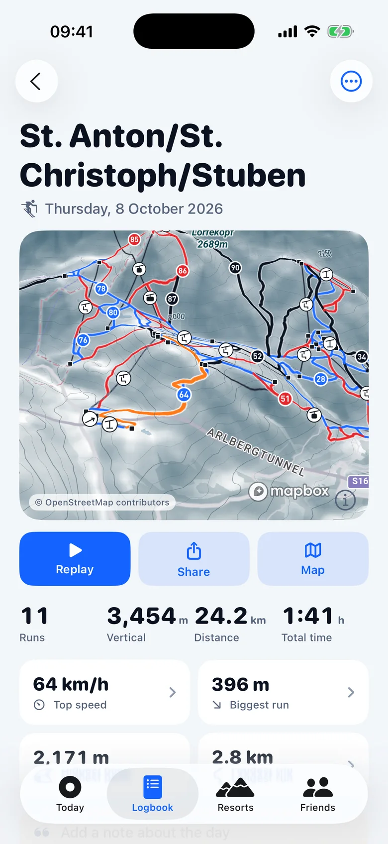 A finished ski day on the piste map with runs, vertical and distance