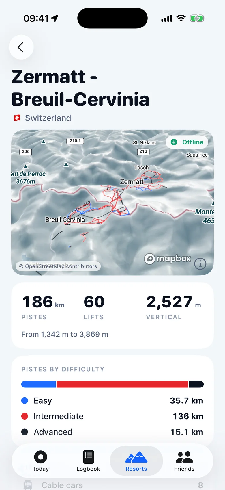 A resort page with its piste map and pistes by difficulty